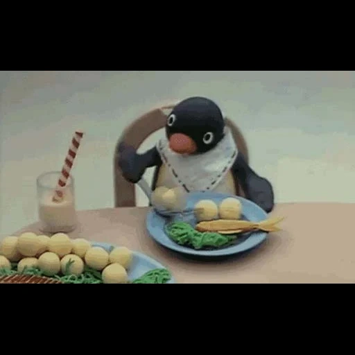 pingu, пингвин хочет кушать, пингу 1986, noot, предметы на столе