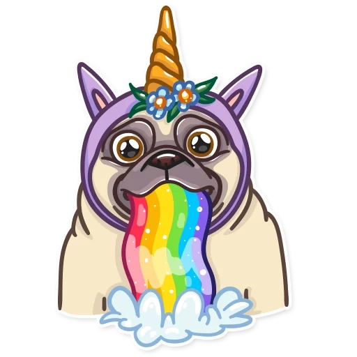 unicórnio de pug, rainbow haba dog, poder de pug pug, unicórnio mopsi