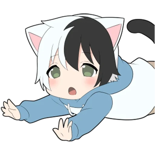 anime, anime chibi, cat boy white, anime cat day