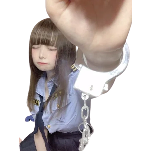 girl, young woman, an handcuffing girl, gogo yubari cosplay, small dolls of men