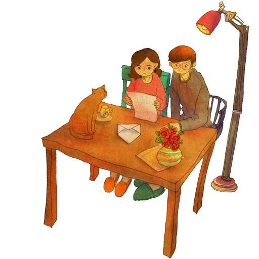 ilustración, dibujo de la vida, cena familiar, ilustración de pareja, ilustraciones de puuung