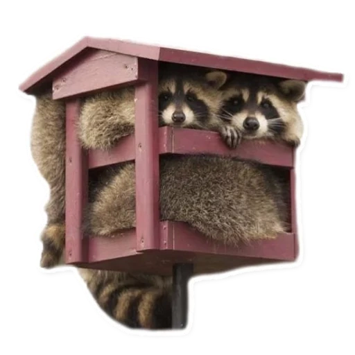 birdhouse, raccoon cottage, wooden trough, cartoon of cat cabin