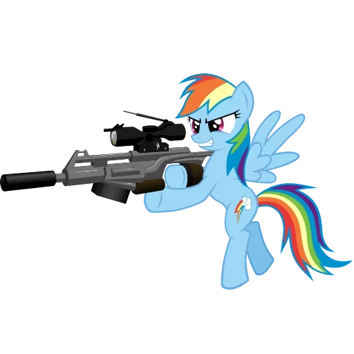 tiret arc-en-ciel, rainbow dash avec une arme, sniper reinbou dash, pistolet de dash reinbow, reinbow dash revolver