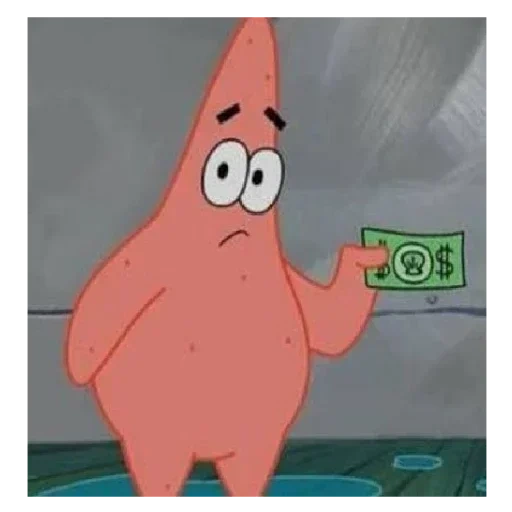 uang, patrick, patrick si bintang, patrick dengan uang, memes patrick sponge bob