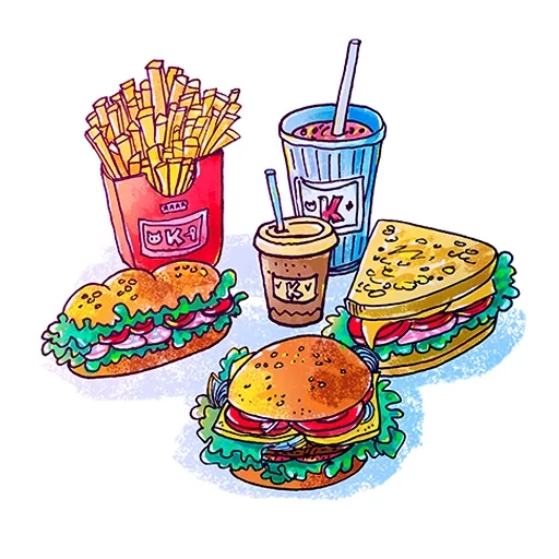 fast food, illustrazione dei prodotti alimentari, trasportatore di fast food, fast food adesivi