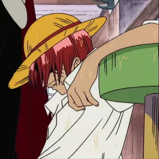 anime boy, shanks van pease, cartoon character, shanks gave luffy a hat, shanks gives luffy his hat