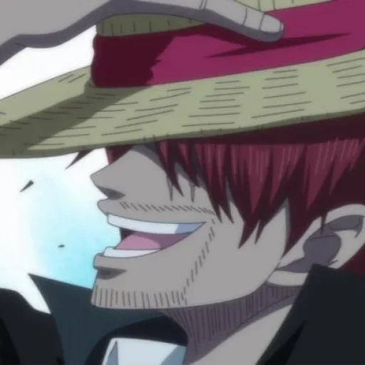 luffy, animation, cartoon character, one piece comic moment, shanks wears a flying hat on the road