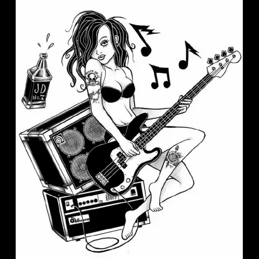 рисунок, music lover, девушка рокер, любители попсы музыки, девушка гитарой рисунок