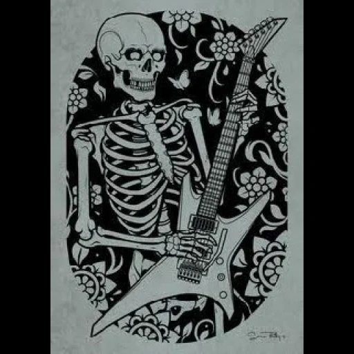 скелет рокер, скелет плакат, скелет гитарой, татуировка гитара, скелет играющий гитаре