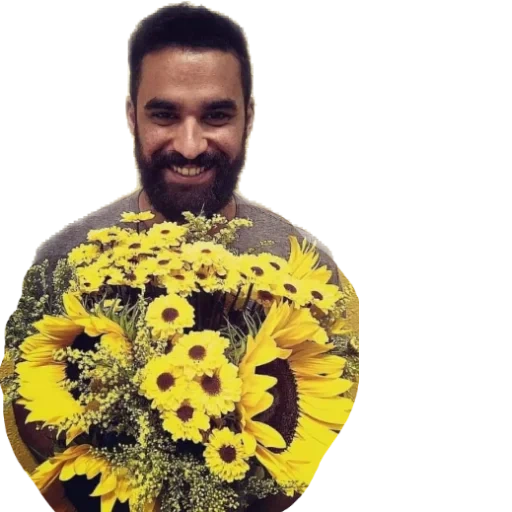 jeune homme, hommes, fleurs à barbe, un bouquet de tournesols, bouquet de tournesols