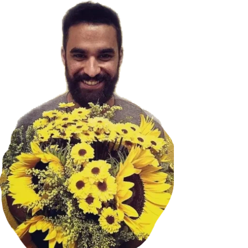 joven, hombre, flor de barba, un ramo de girasoles, ramo de girasol