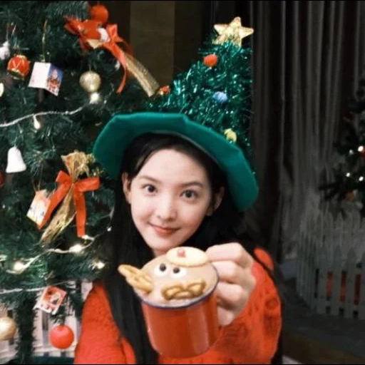 asiático, sophia kim corea, coreano cerca del árbol de navidad, sesión de fotos de año nuevo, blackpink memes jennie