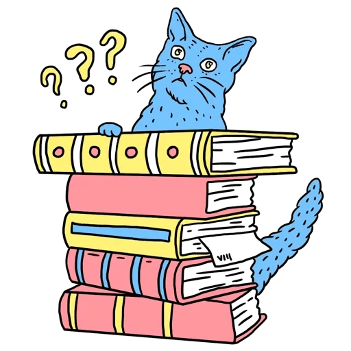 die katze ist ein buch, stapel bücher, illustration einer katze, katzenzeichnungsbücher sind einfach, kühle zeichnungen die bücher skizzieren