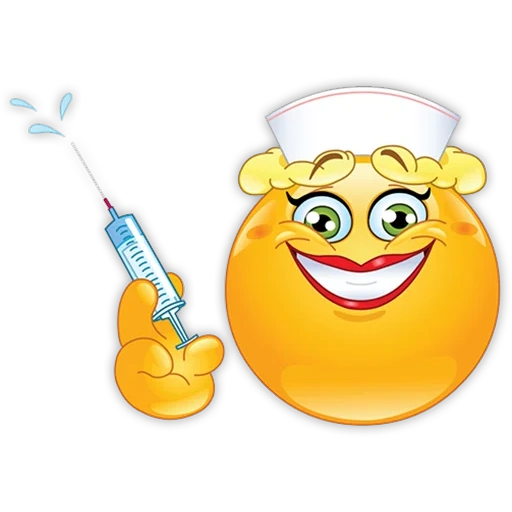 iniezione con faccina sorridente, emoticon vaccino, faccino morboso, innesto di faccina sorridente, emoticon di medico