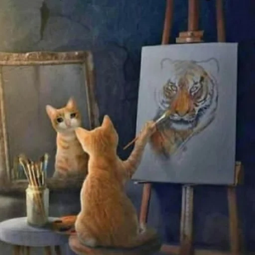 cat, the cat artist, die bemalte katze, die katze des künstlers, katze zeichnet selbstporträt