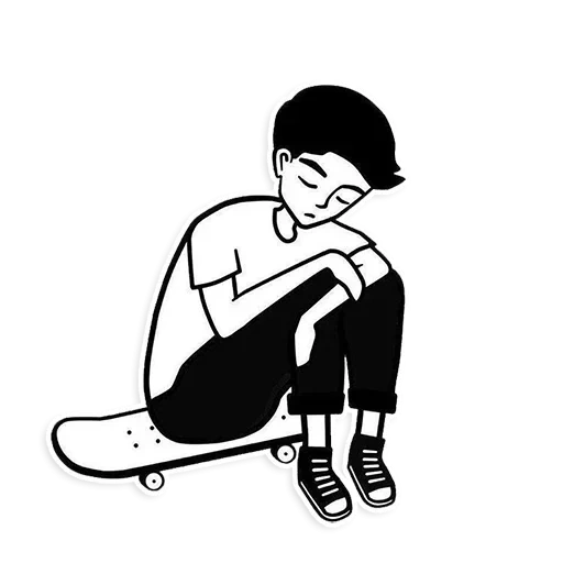 patin, skate, les dessins sont blancs noirs, dessin de garçon triste, boy triste dessin noir et blanc