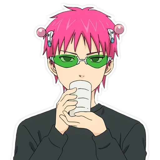 saiki kusuo, zhai mu cao suo, cartoon character, zhai mu cao lock head portrait, anime boy pink hair green glasses saimu grass lock