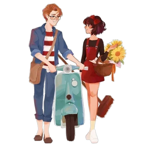 kiki tombo, anime style, anya couples, drawings of couples, witch delivery service