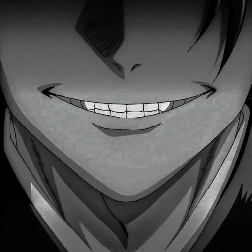 рисунок, ухмылка аниме, психо улыбка аниме, злая ухмылка аниме, аниме парень злобно улыбается