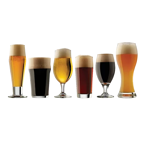 biergläser, bierglas, eine reihe biergläser, ein glas dunkles bier, formen von biergläser