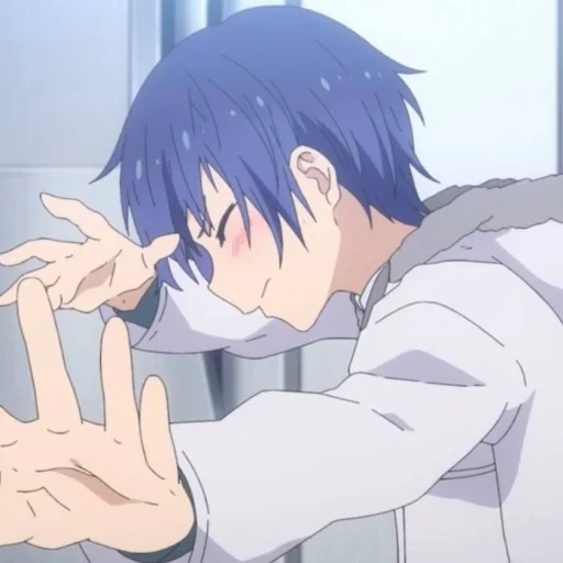 anime saba, anime kiss, marginal anime screenshots, randevli life kurumi shido kiss, anime guy groans blue hair