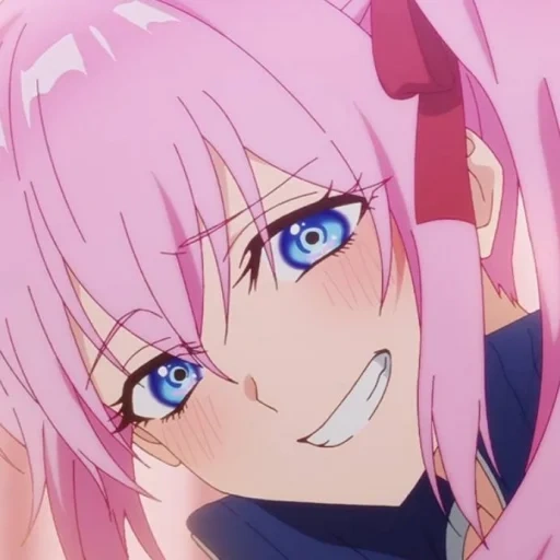 anime rosa, anime shikimori, com cabelo rosa, o sorriso da garota de anime, cabelo rosa de anime