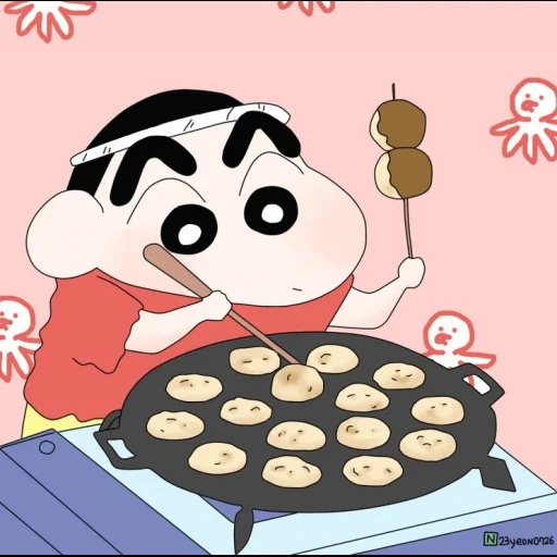 hoshita, xiao xin, shin chan, latar belakang, item di atas meja