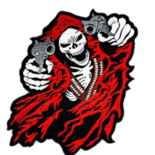 grim reapers inscription, embroidred read reaper back patch, gangster strines, skeleton with a gun, fathing death