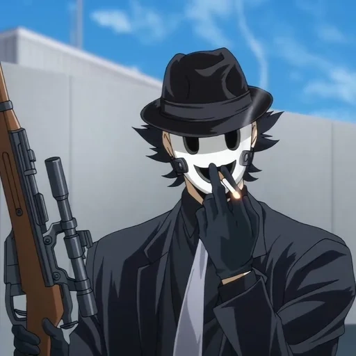 аниме, персонажи аниме, high rise invasion, снайпер маска аниме, мистер снайпер tenkuu shinpan