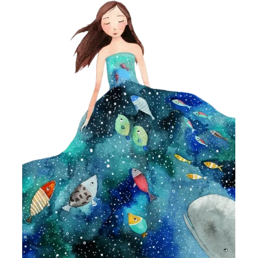 tina van dijk art, ilustrasi cat air, gaun gadis cat air, ilustrasi mode gaun malam, planet watercolor pangeran kecil