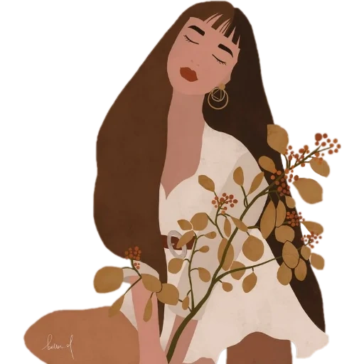 mujer joven, ilustración de la mujer, ilustración de niña, ilustraciones de flores, morena mia green tea fuga