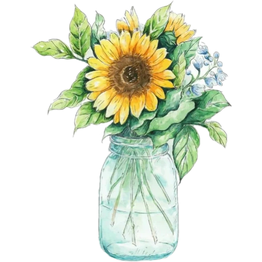 flowers, flowers picture, sunflower vase, bouquet of sunflower, vaza sunflower with watercolors