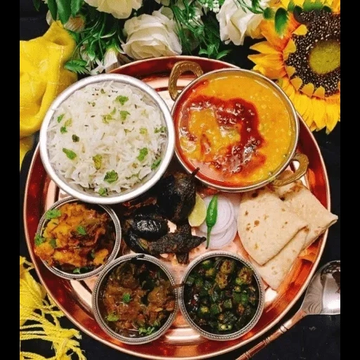 блюда, veg thali, предметы столе, индийские блюда, индийская кухня папад