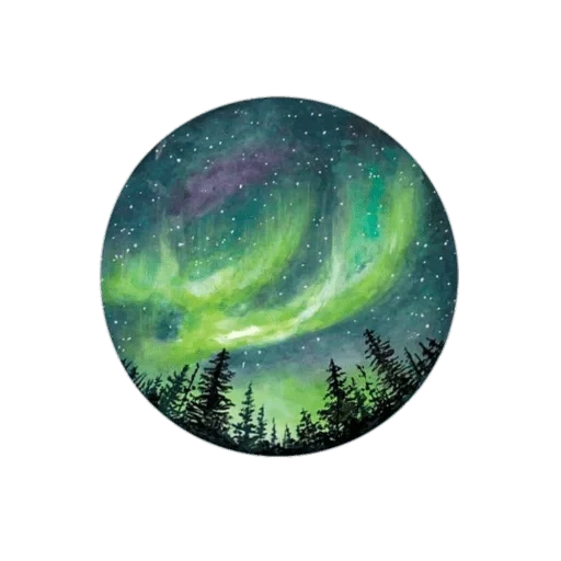 aurora borealis, северное сияние арт, северное сияние аврора, пейзаж круге акварелью, круглые картины акварелью
