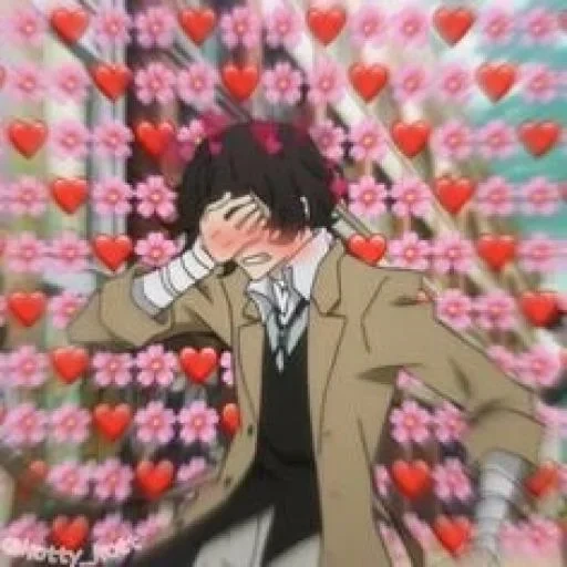 dazai, anime dazai, personal de dadzai osama, dazai con corazones, secado con corazones vagabundeando perros