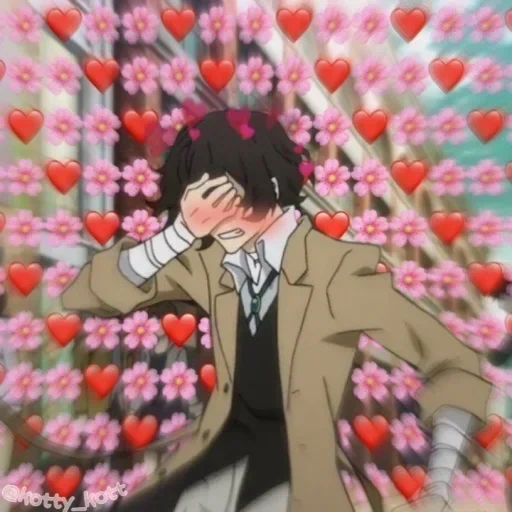 dazai, dazai anime, dadzai osama personnel, dazai with hearts, dry with hearts wandering dogs