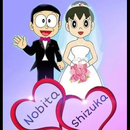 nobita, shizuka, nobita shizuka, cartoon bride and groom, nobita and shizuka wedding