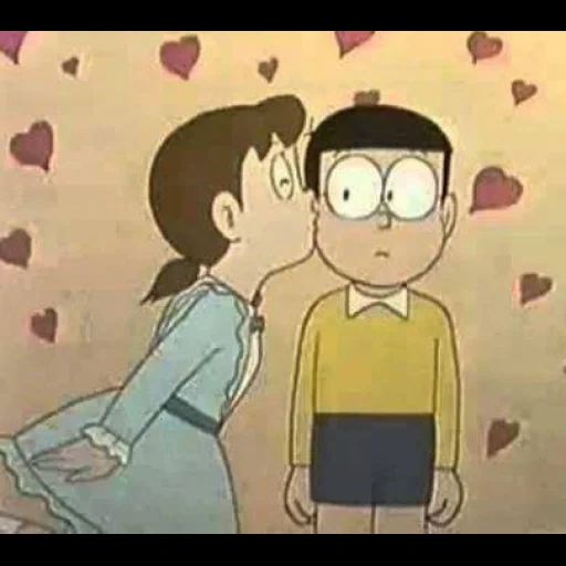 аниме, nobita, nobita shizuka, doraemon shizuka, nobita shizuka kissing