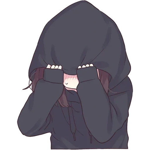 figura, animação triste, animação black hoodie, chapéu de menina de anime, animação suprime o rosto do banheiro