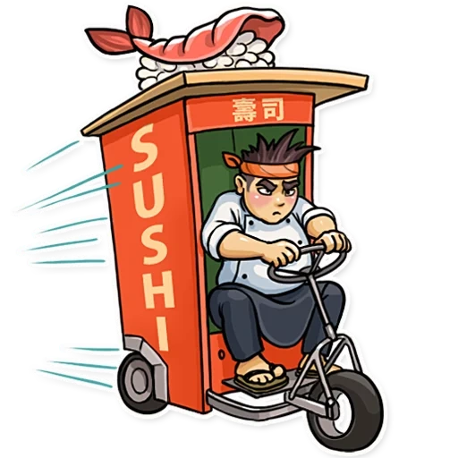 entrega, repartidor, entrega de sushi, alimentador 2d, caricatura de catering