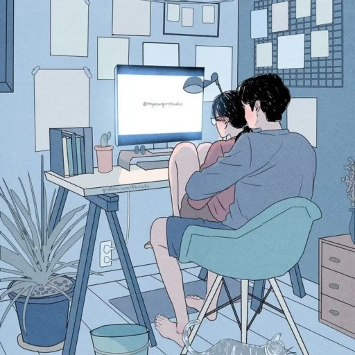 pasangan anime, pasangan anime lucu, lukisan pasangan anime, artis myeong-minho, ilustrasi myeong minho