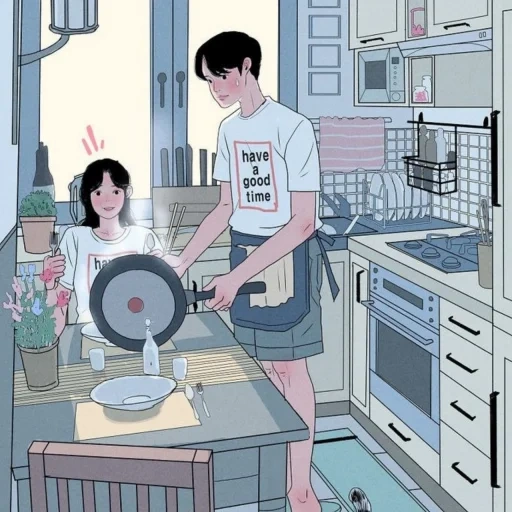 persediaan apartemen, lukisan pasangan anime, artis myeong-minho, ilustrasi myeong minho, kisah 2 hari pacarmu