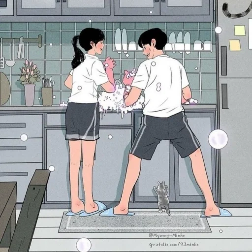 figura, casal de anime, pintura de casal, pintura de casal de anime, artista myeong-minho