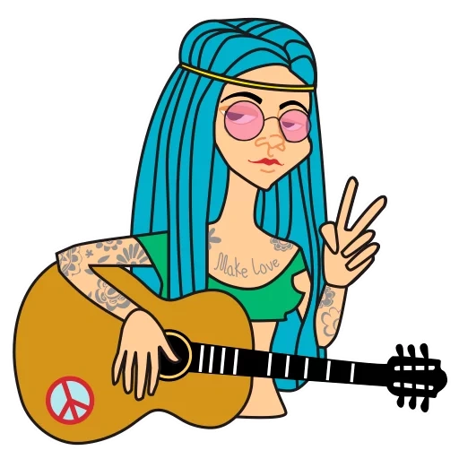 hippie, desenho de ukulele, guitarra ah garota, arte da garota hippie