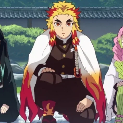 personnages d'anime, kyojuro rengoku, anime du personnel de rengoku, demons disséquant la lame d'anime, les démons de coupe de la lame d'anime ruisseau