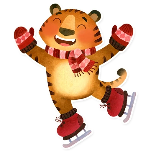 тигр шарфе, тигр коньках, счастливый тигр, веселый тигр клевером, символ нового 2022 года