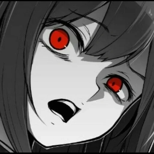 animación oscura, animación terrorista, chica de animación, geshu alto abby azul, ojos de niña de animación malvada