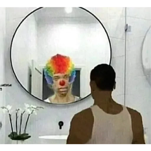 le persone, clown meme, faccina sorridente, specchio del clown, parrucche finte