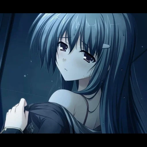 animation, anime girl, sad animation, cartoon blue hair, sad girl anime