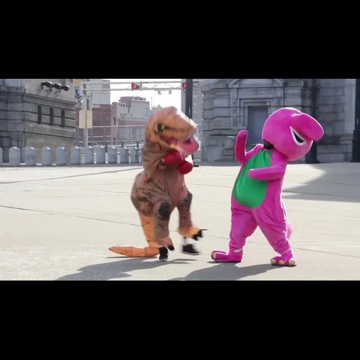 barney, a toy, barney t rex, bear breakdance, dancing a bear costume